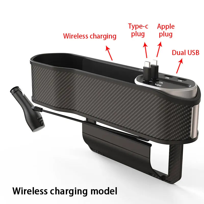 Black charging station with labeled features on a white background