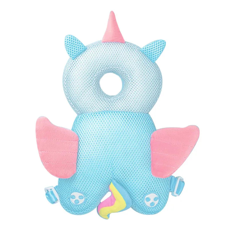 Blue and pink plush toy with a unicorn design on a white background