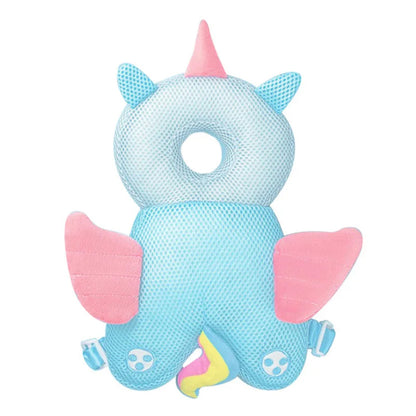 Blue and pink plush toy with a unicorn design on a white background