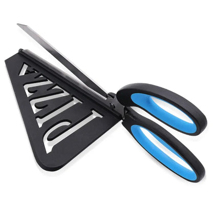 Pair of scissors with black handles and blue accents on a white background