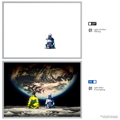 Two people on the moon with Earth in the background, showing different lighting effects.