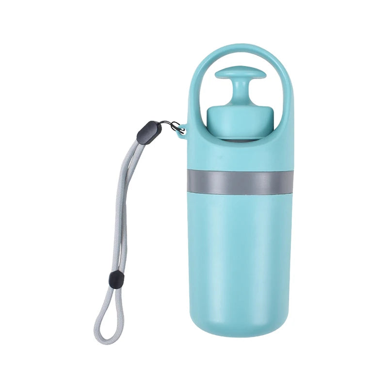 Light blue water bottle with a handle on a white background