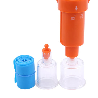 Set of plastic containers with orange and blue lids on a white background