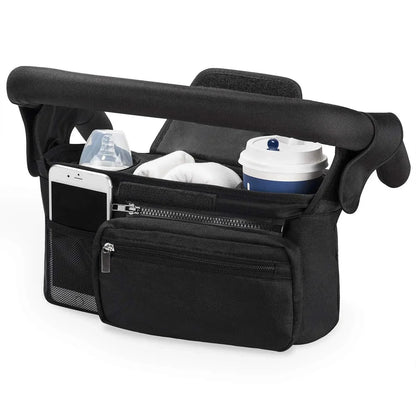 Black car organizer with cup holders and phone pocket on a white background