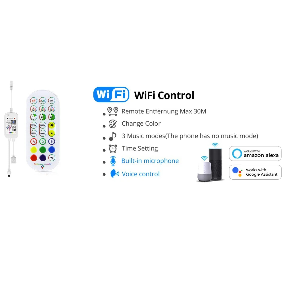 WiFi control device with remote and specifications on a white background