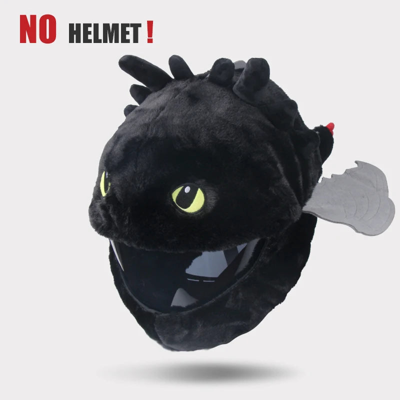 Black dragon plush toy with yellow eyes on a gray background, featuring a safety message.