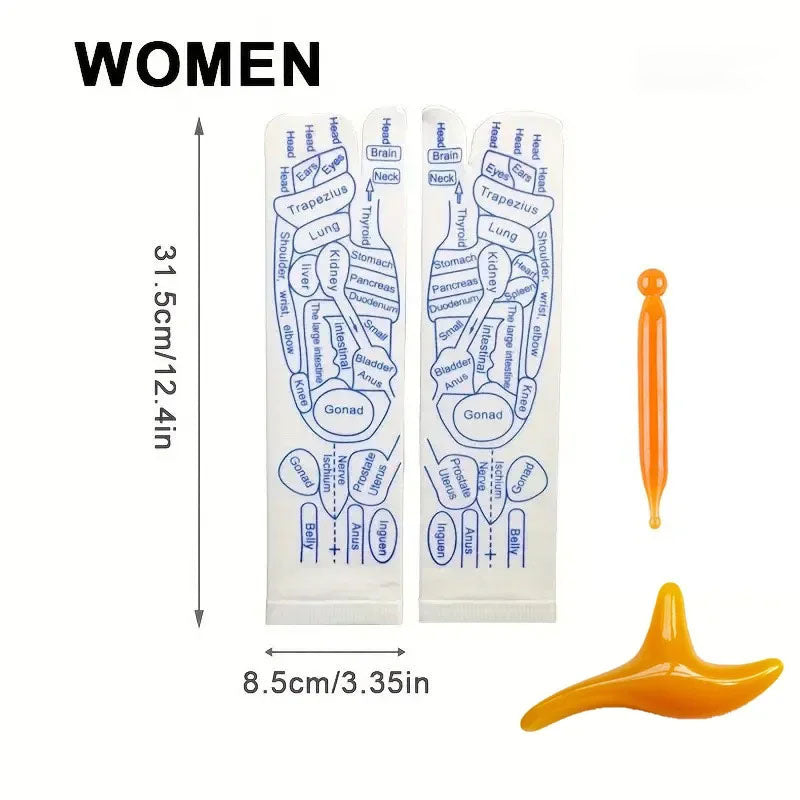Foot reflexology strips for women with measurements and orange tools on a white background