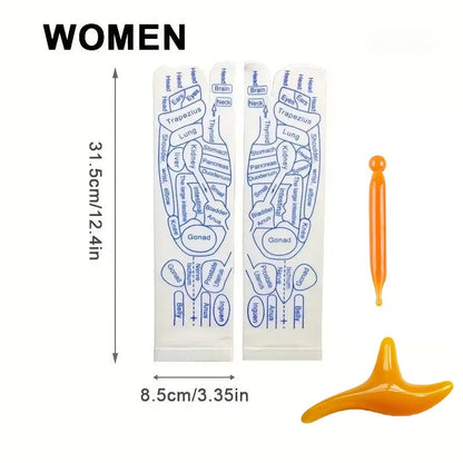 Foot reflexology strips for women with measurements and orange tools on a white background