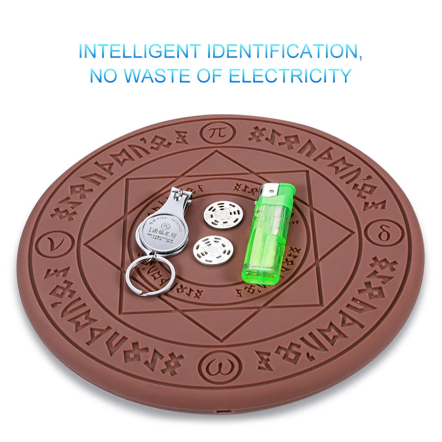 Circular device with symbols and items on a white background, featuring text about intelligent identification and electricity.