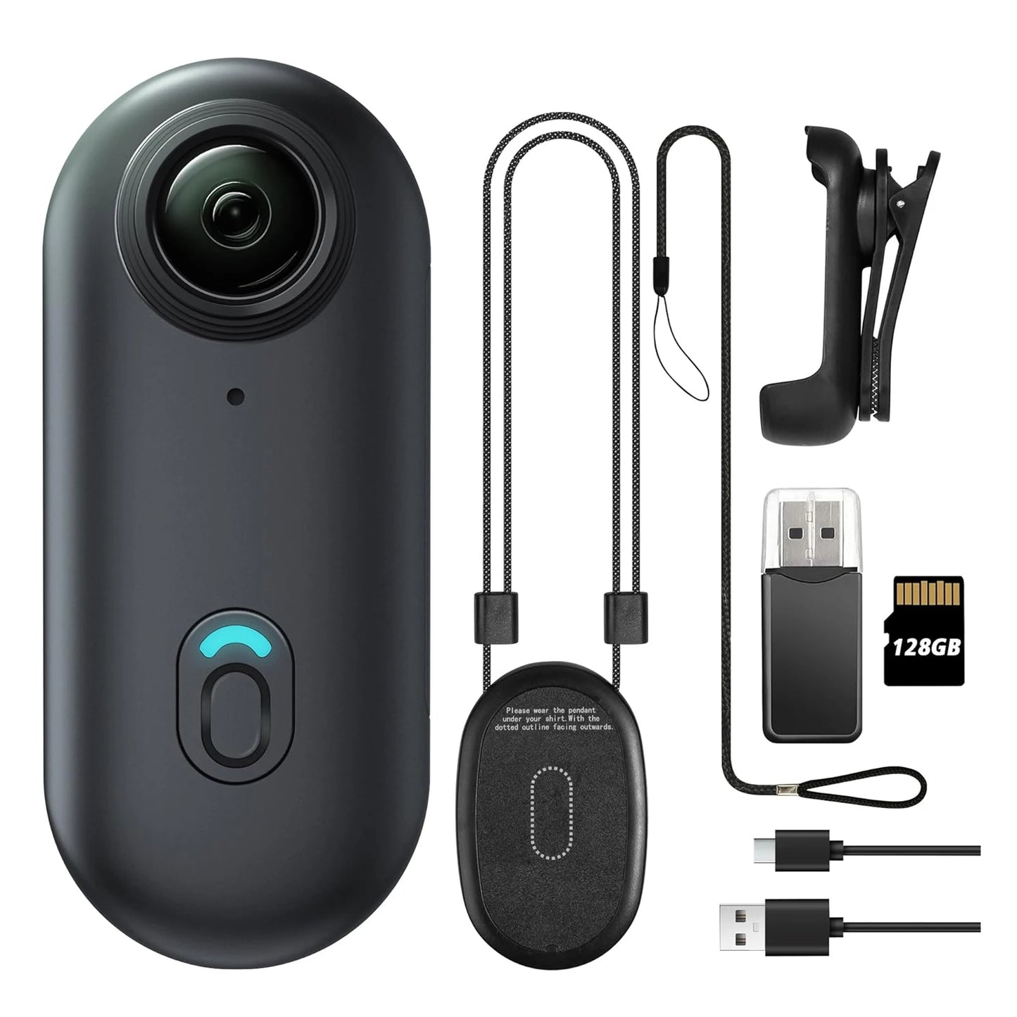 Black 360-degree camera with accessories on a white background
