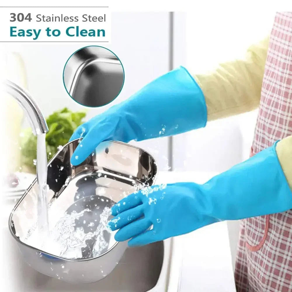 Person washing a metal pot with blue gloves, emphasizing 304 stainless steel and ease of cleaning.