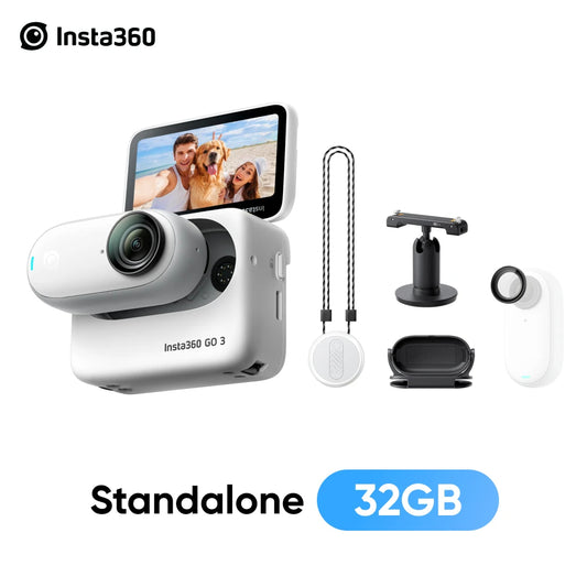 Insta360 GO 3 camera with accessories on a white background
