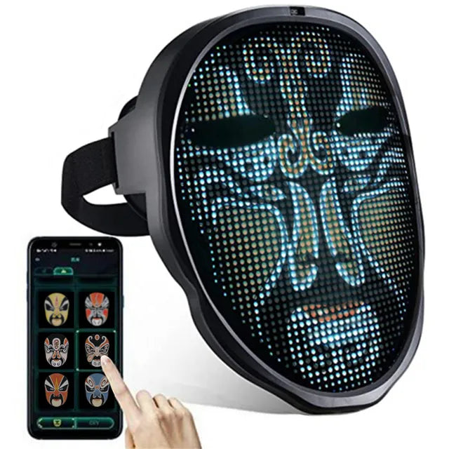 LED display mask with smartphone app for customization on a white background
