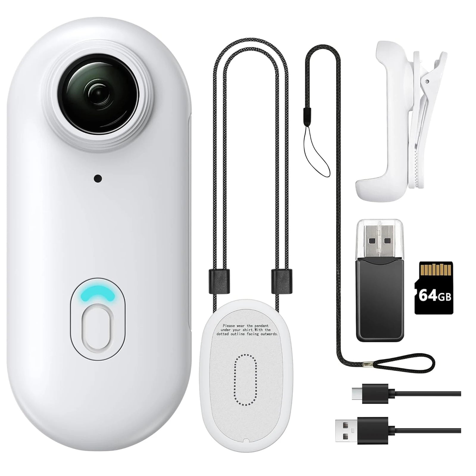 White 360-degree camera with accessories on a white background