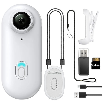 White 360-degree camera with accessories on a white background