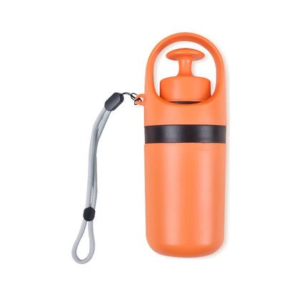 Orange water bottle with a black band and gray strap on a white background