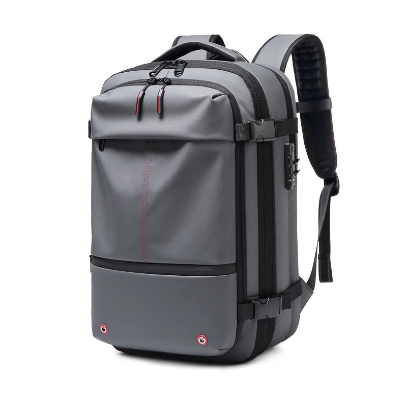 Gray backpack with black straps on a white background
