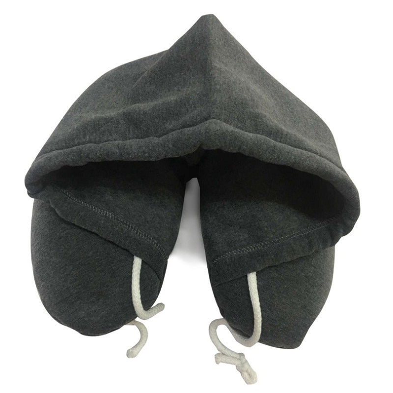 Gray hooded travel pillow on a white background
