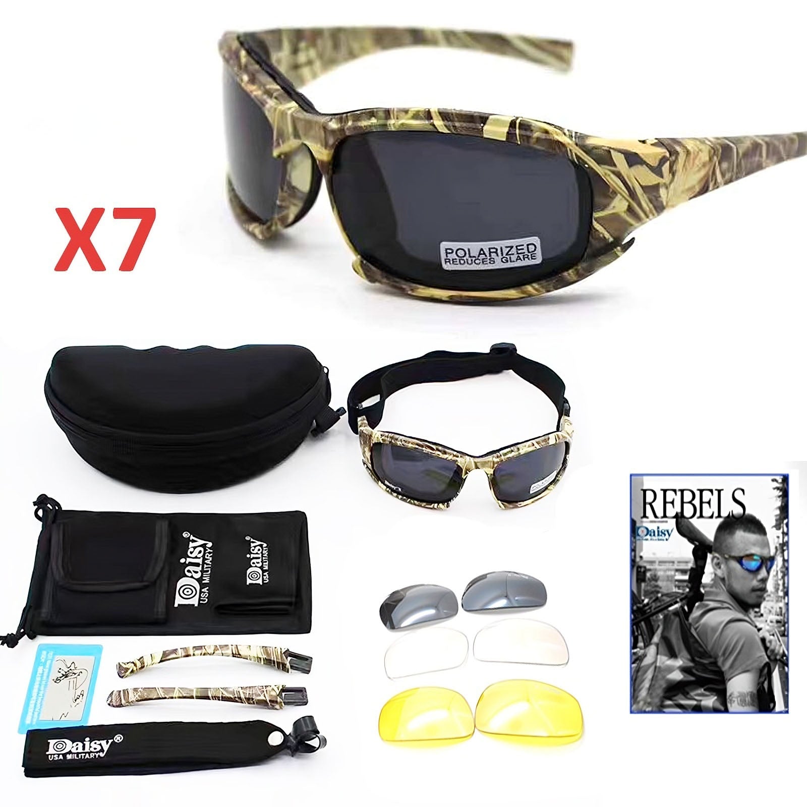 Camouflage sunglasses with additional lenses and case on a white background