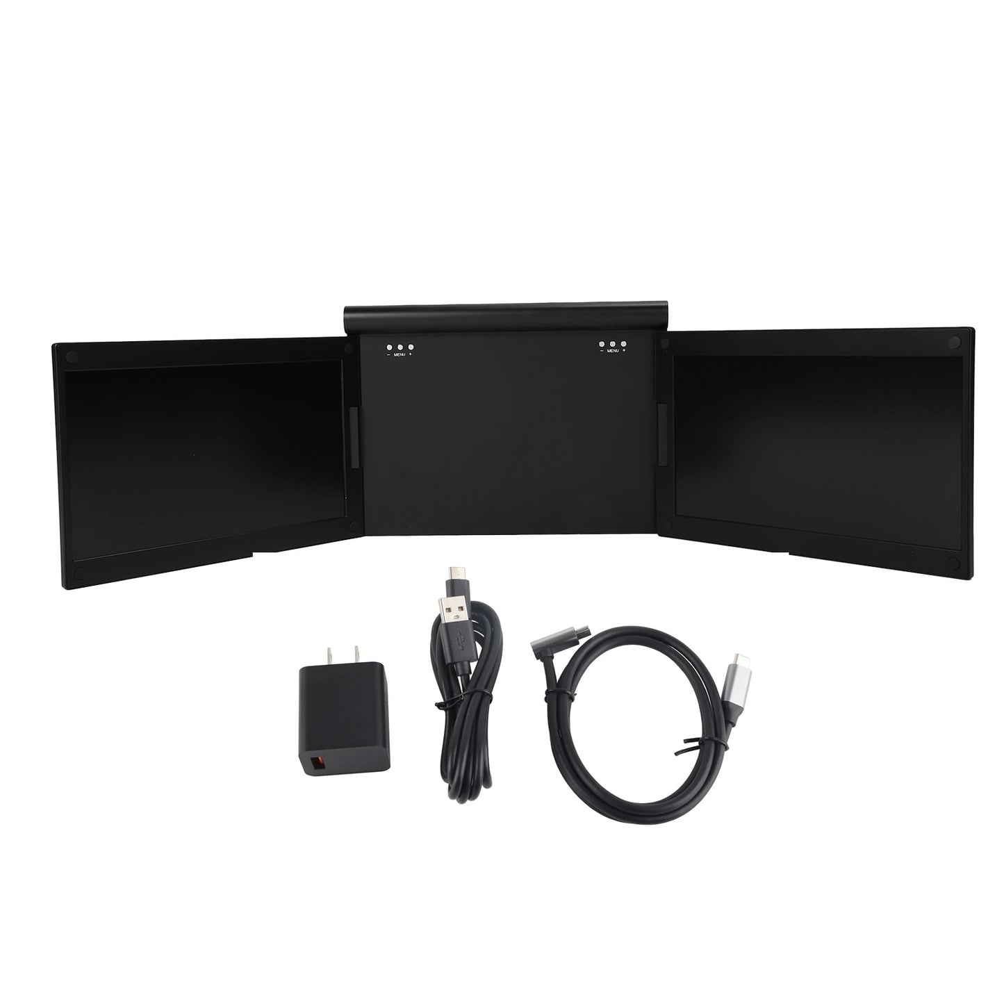 Set of three black folding screens with cables and adapter on a white background