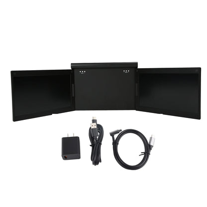 Set of three black folding screens with cables and adapter on a white background
