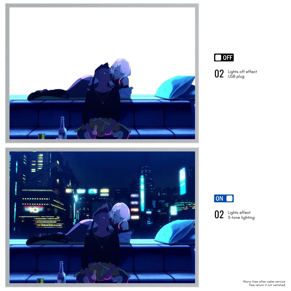 Two frames showing a character sitting on a couch with different lighting effects.