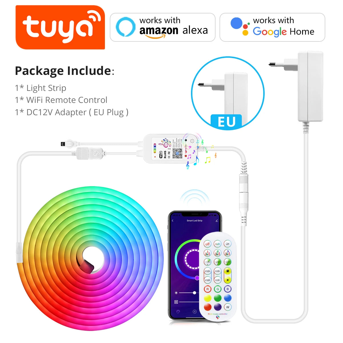 Smart light strip package with WiFi remote control and adapter on a white background, featuring Tuya branding and compatibility with Amazon Alexa and Google Home.
