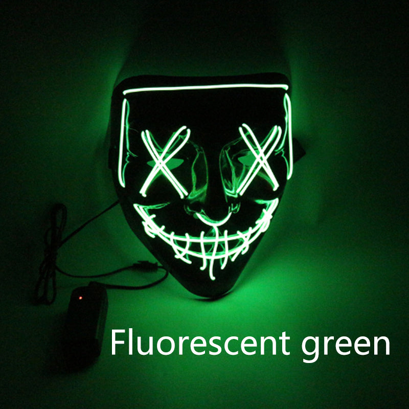 Fluorescent green LED mask on a dark background