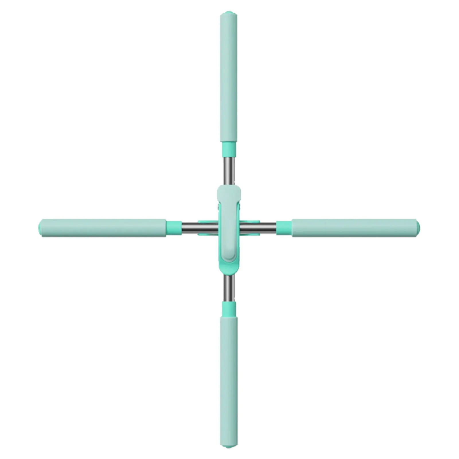 Cross-shaped tool with four green handles on a white background