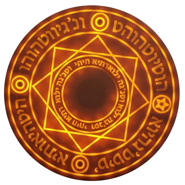 Circular emblem with geometric design and Hebrew text on a white background