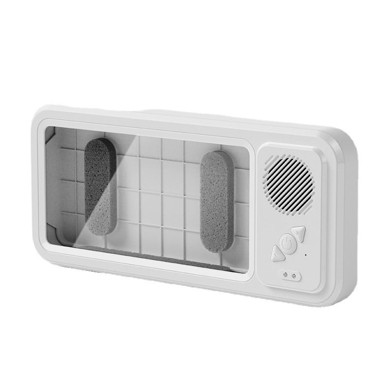 White electronic device with a transparent panel on a white background